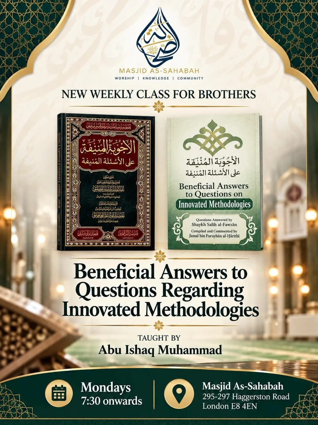 Poster: new weekly class for brothers — Beneficial Answers to Questions Regarding Innovated Methodologies, Mondays 7:30 onwards