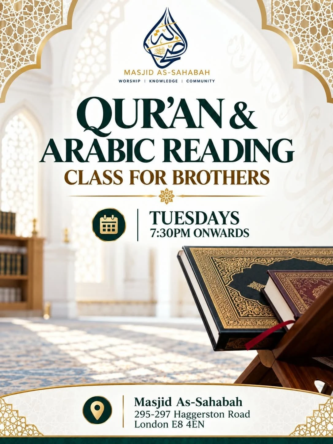 Poster: Qur'an and Arabic Reading class for brothers, Tuesdays 7:30pm onwards