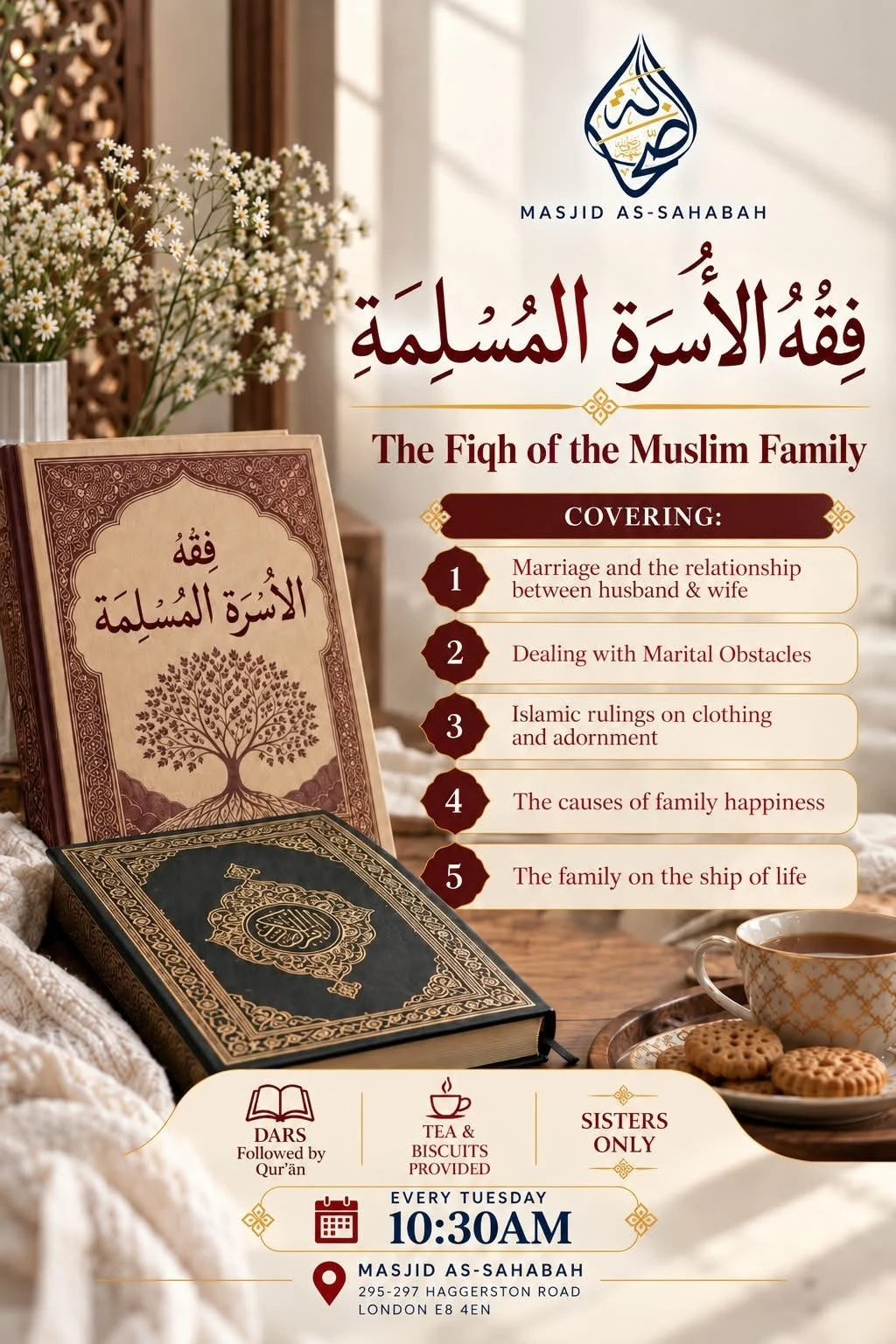 Poster: The Fiqh of the Muslim Family — sisters only, every Tuesday 10:30am, tea and biscuits provided